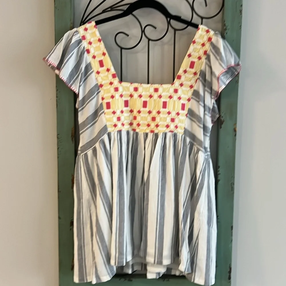 Anthropologie Forever That Girl Embroidered Yellow & Gray Striped Tunic NWT  10 - Picture 6 of 7
